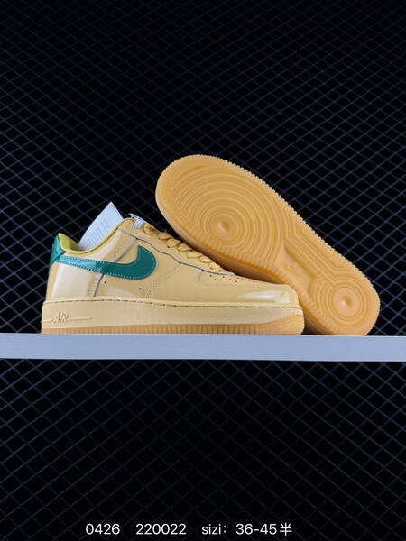 Nike Air Force 1 07 LV8 Two colorways 1 Patent dark slate blue with purple Swoosh navy midsole volt outsole laces 2 Patent golden yellow with green Swoosh yellow midsole gum outsole EU 36-45 half sizes available lifestyle