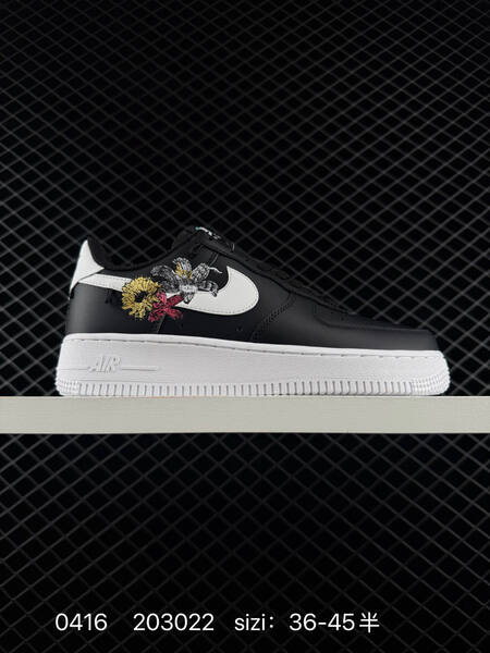 Nike Air Force 1 07 Black White with multicolor floral embroidery EU 36-45 half sizes available lifestyle