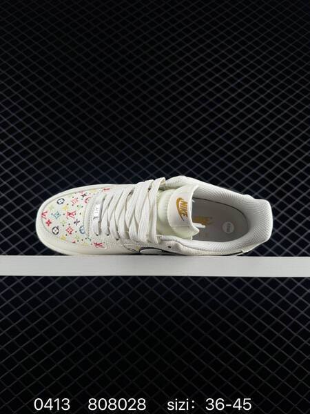 Nike Air Force 1 07 LV8 Off-white with multicolor monogram print black Swoosh outline gold branding gum outsole EU 36-45 lifestyle