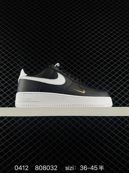 Nike Air Force 1 07 LV8 Two colorways 1 Light beige upper with dark grey Swoosh outsole and midsole 2 Black upper with white Swoosh midsole outsole and heel tab accented with mini gold Swoosh EU 36-45 half sizes available lifestyle