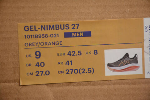 ASICS GEL NIMBUS 27 1011B958 021 Grey Orange White Black US 9 EUR 42 5 UK 8 CM 27 Running Shoe Running Sneakers - Men's (BS-59742)
