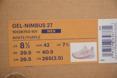 ASICS GEL NIMBUS 27 1012B753 101 White Purple Orange US 8 5 EUR 42 UK 7 5 CM 26 5 Running Shoe Running Sneakers - Men's (BS-59748)