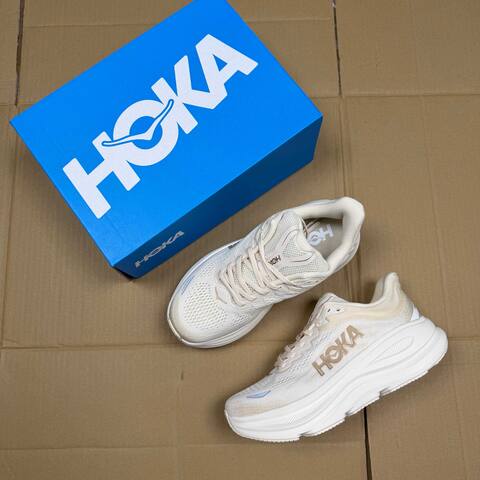 HOKA Bondi 9 Off White Beige Light Blue Running Shoe Running Sneakers (BS-86908)