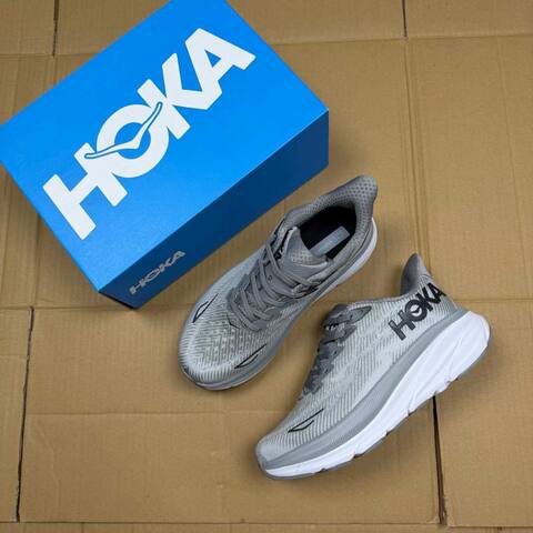 HOKA Clifton 9 Grey White Black Running Shoe Running Sneakers (BS-86864)