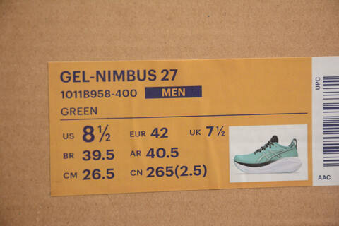 ASICS GEL NIMBUS 27 1011B958 400 Teal Green White Black US 8 5 EUR 42 UK 7 5 CM 26 5 Running Shoe Running Sneakers - Men's (BS-59744)