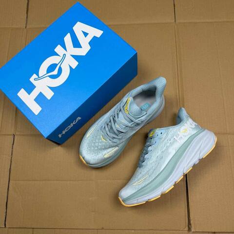 HOKA ONE ONE Clifton 9 Light Blue White Yellow Running Shoe Running Sneakers (BS-86862)
