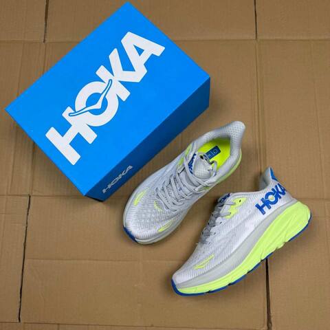 HOKA ONE ONE Clifton 9 Grey Neon Yellow Blue White Running Shoe Running Sneakers (BS-86871)