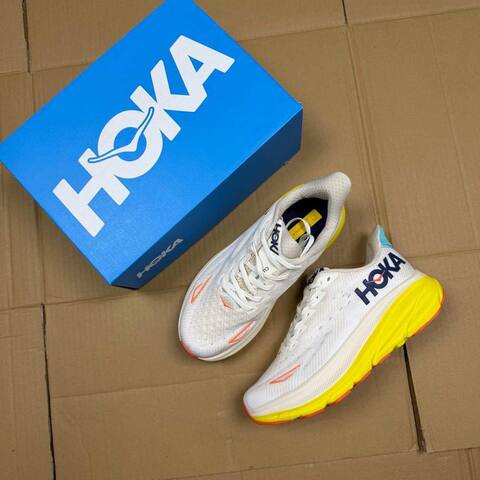 HOKA Clifton 9 White Yellow Orange Blue Running Shoe Running Sneakers (BS-86861)