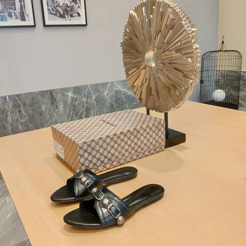 Balenciaga Cagole Slide Sandal Black Silver Slides (BS-87478)