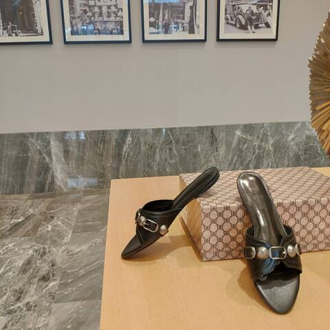 Balenciaga Cagole Slide Sandal Black Silver Slides (BS-87478)