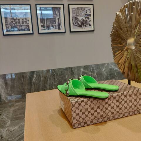 Balenciaga Cagole Flat Slide Sandal Neon Green Gunmetal Slides (BS-87476)