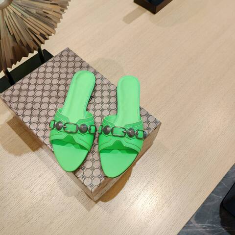 Balenciaga Cagole Flat Slide Sandal Neon Green Gunmetal Slides (BS-87476)
