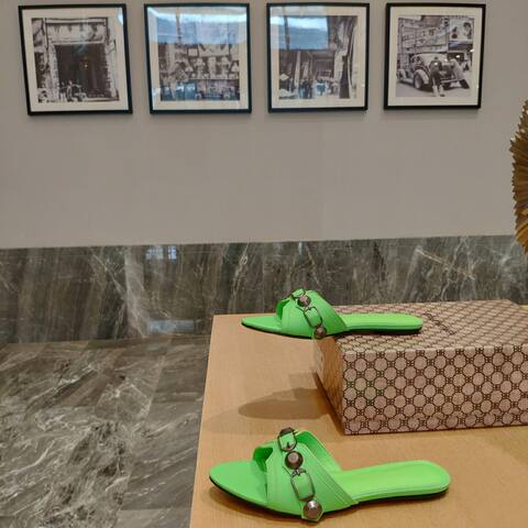 Balenciaga Cagole Flat Slide Sandal Neon Green Gunmetal Slides (BS-87476)