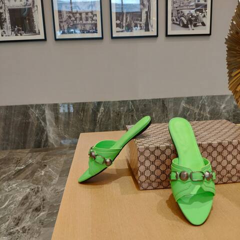 Balenciaga Cagole Flat Slide Sandal Neon Green Gunmetal Slides (BS-87476)