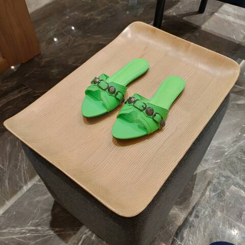 Balenciaga Cagole Flat Slide Sandal Neon Green Gunmetal Slides (BS-87476)