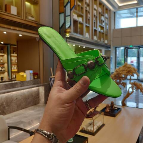Balenciaga Cagole Flat Slide Sandal Neon Green Gunmetal Slides (BS-87476)