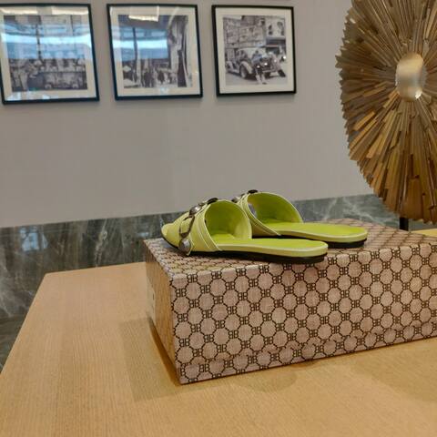 Balenciaga Cagole Flat Slide Sandal Light Lime Green Dark Silver Slides (BS-87475)