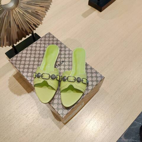Balenciaga Cagole Flat Slide Sandal Light Lime Green Dark Silver Slides (BS-87475)