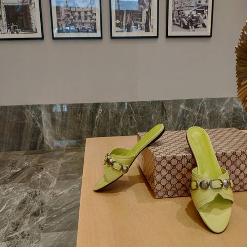 Balenciaga Cagole Flat Slide Sandal Light Lime Green Dark Silver Slides (BS-87475)