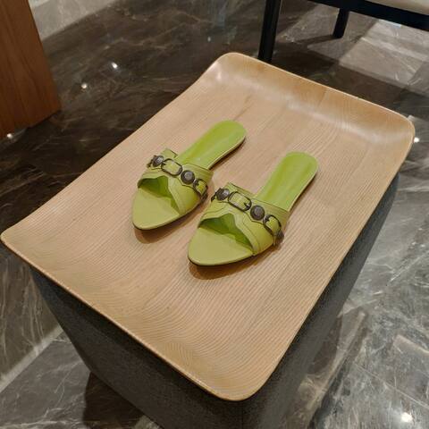 Balenciaga Cagole Flat Slide Sandal Light Lime Green Dark Silver Slides (BS-87475)