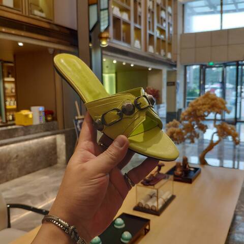 Balenciaga Cagole Flat Slide Sandal Light Lime Green Dark Silver Slides (BS-87475)