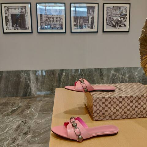 Balenciaga Cagole Slide Sandal Light Pink Dark Silver Black Slides (BS-87474)