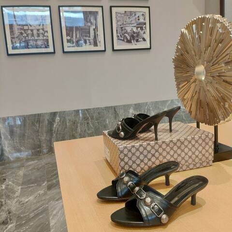 Balenciaga Cagole Heeled Mule Black Silver Sandal (BS-87473)