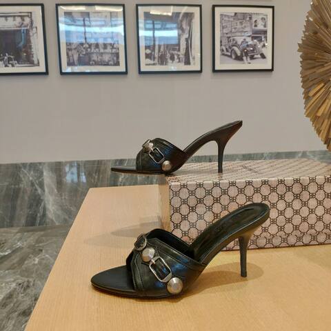 Balenciaga Cagole Heeled Mule Black Silver Sandal (BS-87473)