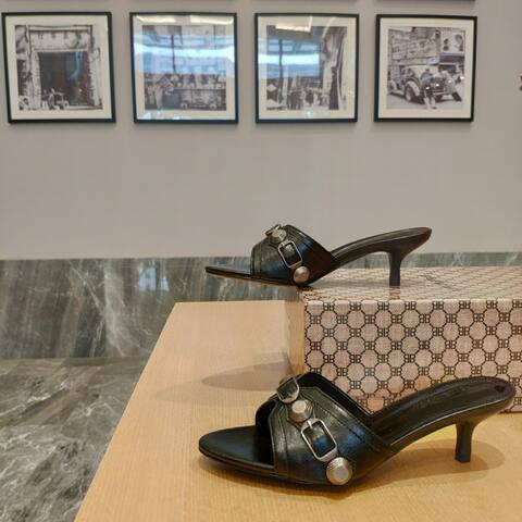 Balenciaga Cagole Heeled Mule Black Silver Sandal (BS-87473)
