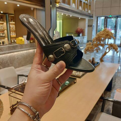 Balenciaga Cagole Heeled Mule Black Silver Sandal (BS-87473)