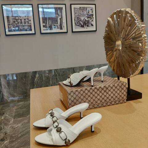 Balenciaga Cagole Heeled Mule White Dark Silver Sandal (BS-87472)