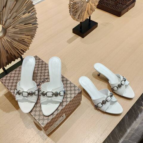 Balenciaga Cagole Heeled Mule White Dark Silver Sandal (BS-87472)