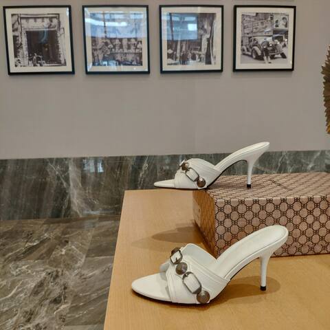Balenciaga Cagole Heeled Mule White Dark Silver Sandal (BS-87472)