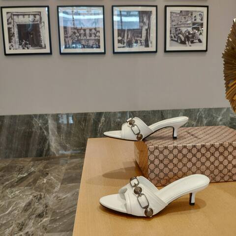 Balenciaga Cagole Heeled Mule White Dark Silver Sandal (BS-87472)