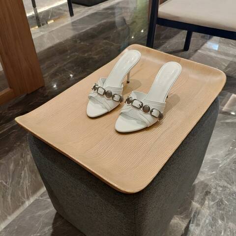 Balenciaga Cagole Heeled Mule White Dark Silver Sandal (BS-87472)