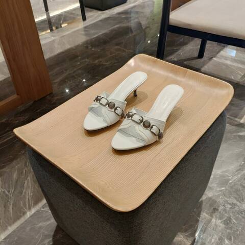 Balenciaga Cagole Heeled Mule White Dark Silver Sandal (BS-87472)
