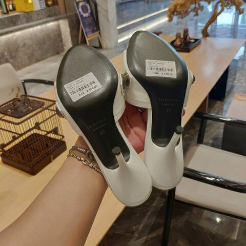 Balenciaga Cagole Heeled Mule White Dark Silver Sandal (BS-87472)