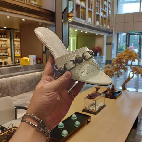 Balenciaga Cagole Heeled Mule White Dark Silver Sandal (BS-87472)