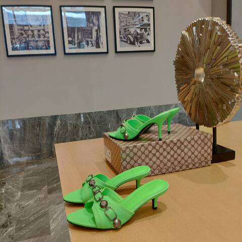 Balenciaga Cagole Heeled Mule Neon Green Gunmetal Sandal (BS-87471)