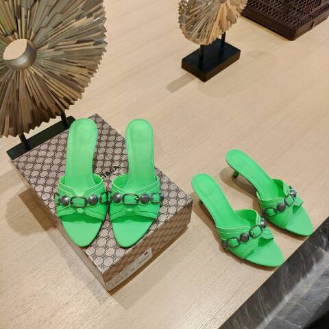 Balenciaga Cagole Heeled Mule Neon Green Gunmetal Sandal (BS-87471)