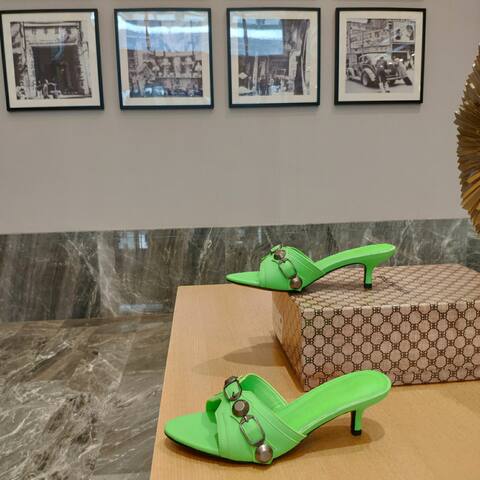 Balenciaga Cagole Heeled Mule Neon Green Gunmetal Sandal (BS-87471)