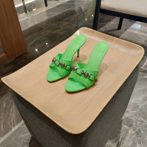Balenciaga Cagole Heeled Mule Neon Green Gunmetal Sandal (BS-87471)