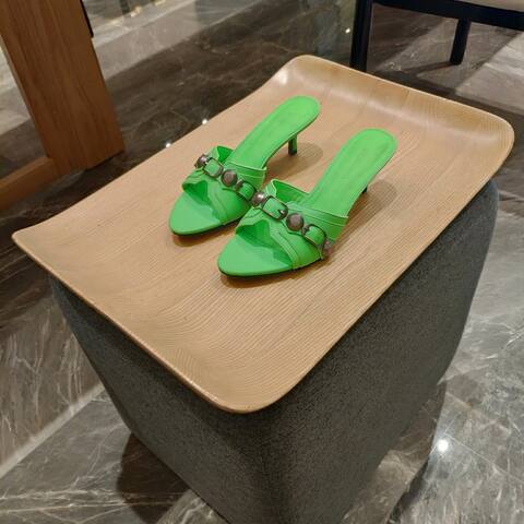 Balenciaga Cagole Heeled Mule Neon Green Gunmetal Sandal (BS-87471)