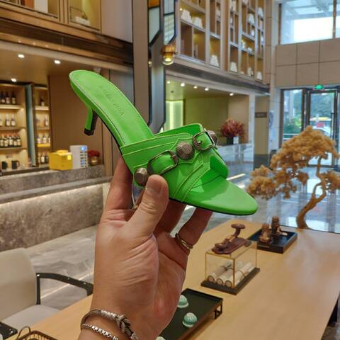 Balenciaga Cagole Heeled Mule Neon Green Gunmetal Sandal (BS-87471)