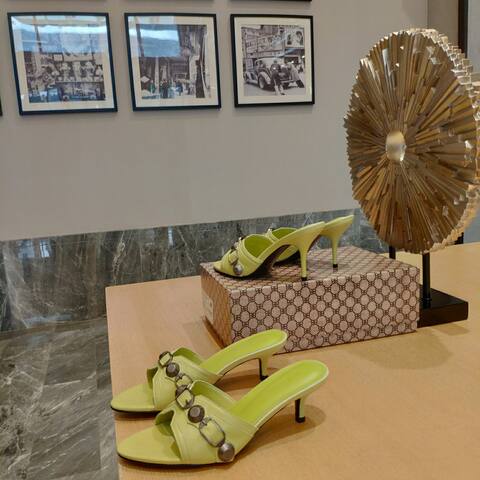 Balenciaga Cagole Heeled Mule Light Lime Green Silver Sandal (BS-87470)