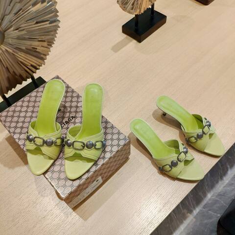Balenciaga Cagole Heeled Mule Light Lime Green Silver Sandal (BS-87470)