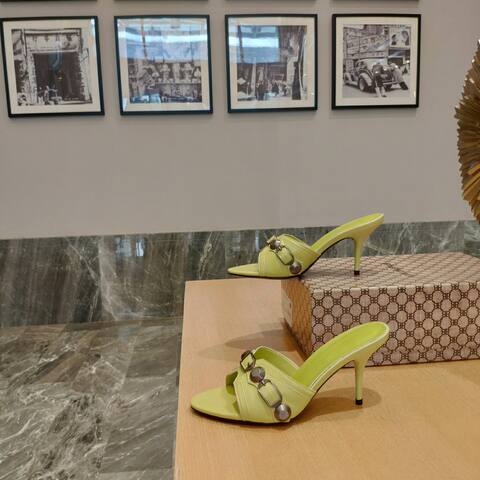 Balenciaga Cagole Heeled Mule Light Lime Green Silver Sandal (BS-87470)