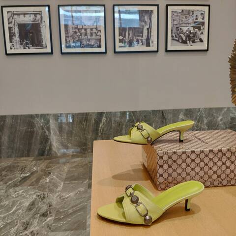 Balenciaga Cagole Heeled Mule Light Lime Green Silver Sandal (BS-87470)