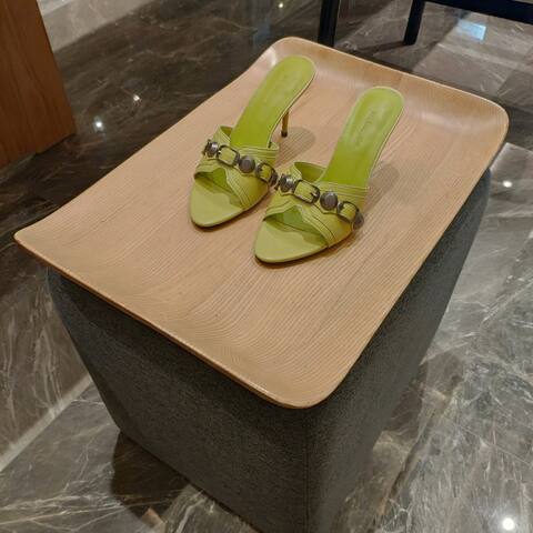 Balenciaga Cagole Heeled Mule Light Lime Green Silver Sandal (BS-87470)