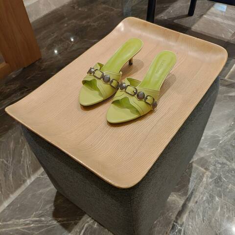 Balenciaga Cagole Heeled Mule Light Lime Green Silver Sandal (BS-87470)